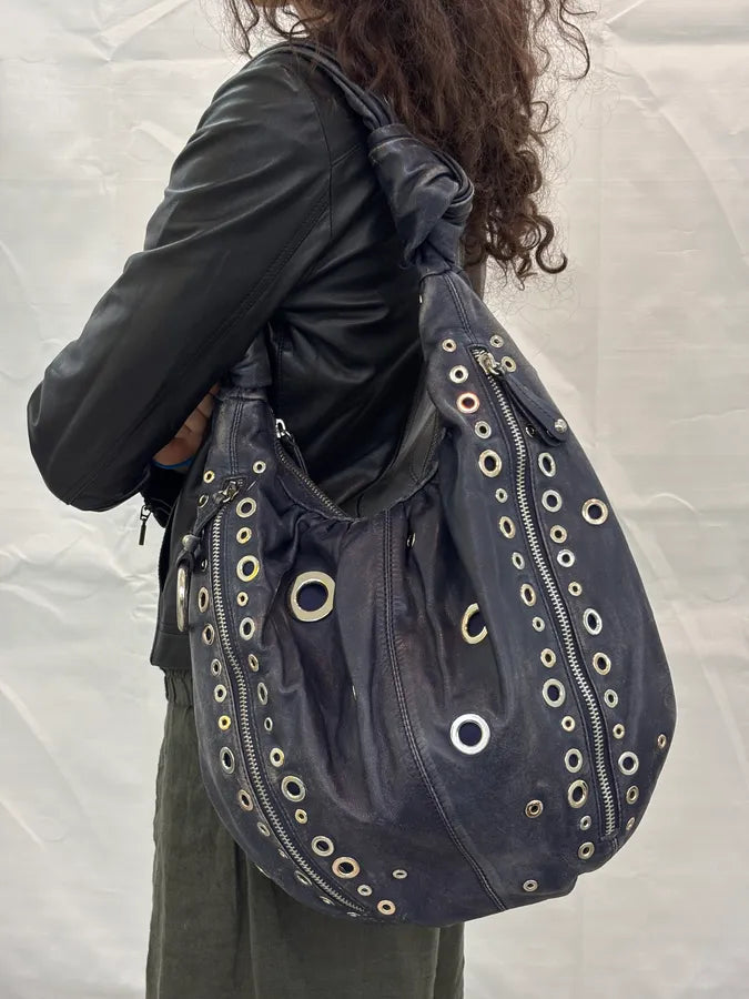 Moschino Navy Nappa Leather Eyelet Studded Shoulder Bag fYOJQyU 2