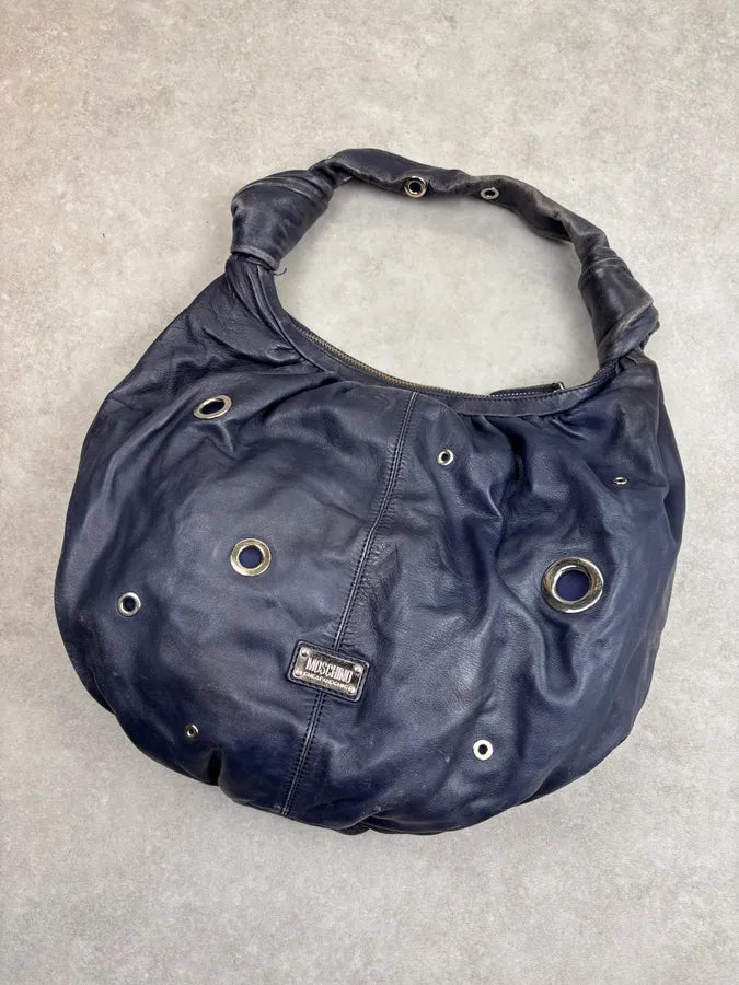 Moschino Navy Nappa Leather Eyelet Studded Shoulder Bag fYOJQyU 10