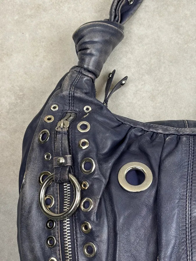 Moschino Navy Nappa Leather Eyelet Studded Shoulder Bag fYOJQyU 14