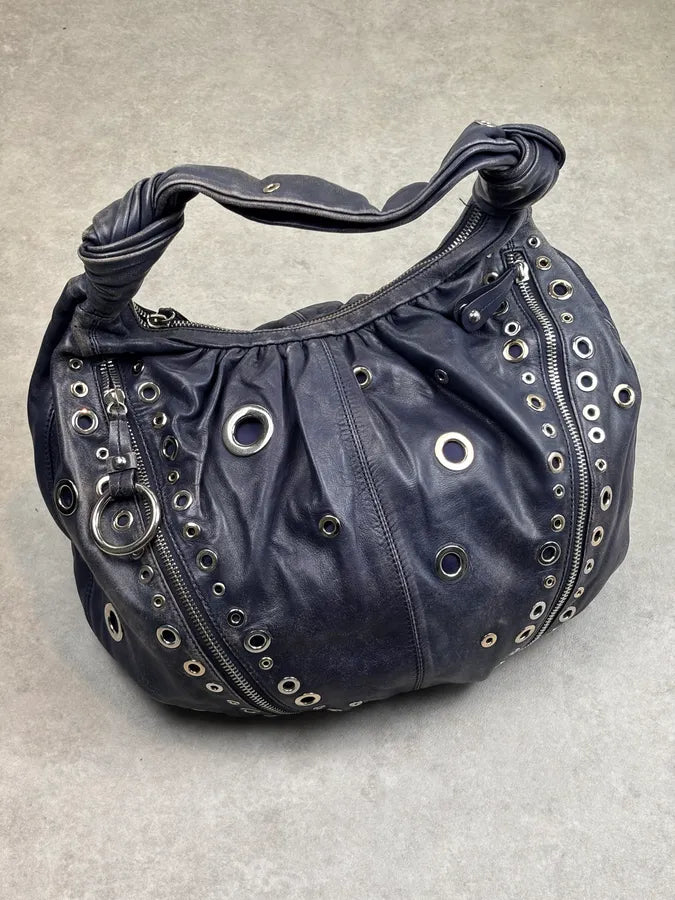 Moschino Navy Nappa Leather Eyelet Studded Shoulder Bag fYOJQyU 1