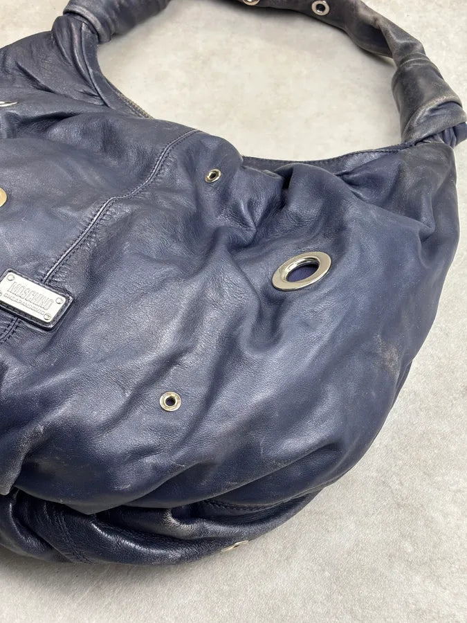 Moschino Navy Nappa Leather Eyelet Studded Shoulder Bag fYOJQyU 7
