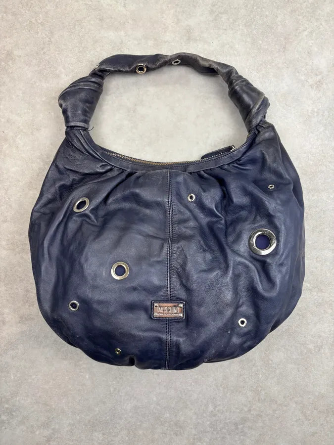 Moschino Navy Nappa Leather Eyelet Studded Shoulder Bag fYOJQyU 5