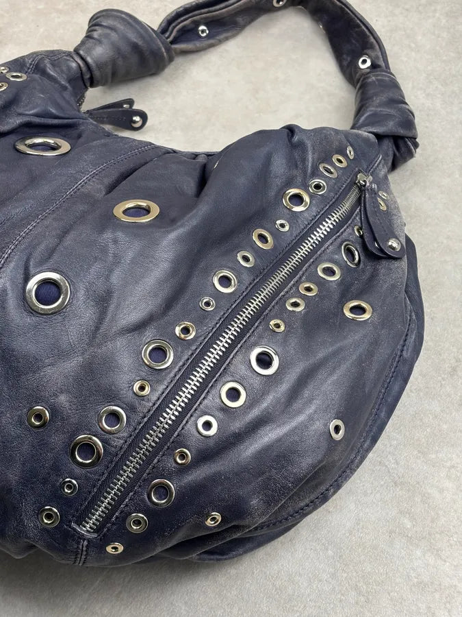Moschino Navy Nappa Leather Eyelet Studded Shoulder Bag fYOJQyU 12