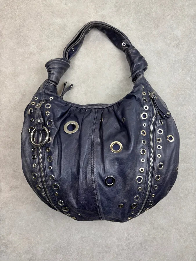 Moschino Navy Nappa Leather Eyelet Studded Shoulder Bag fYOJQyU 0