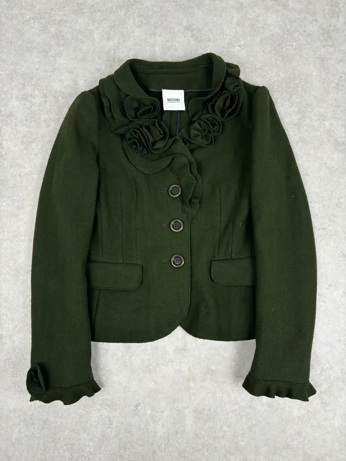 2010s Moschino Olive Wool Ruffled Blazer Jacket WBryhAl 0