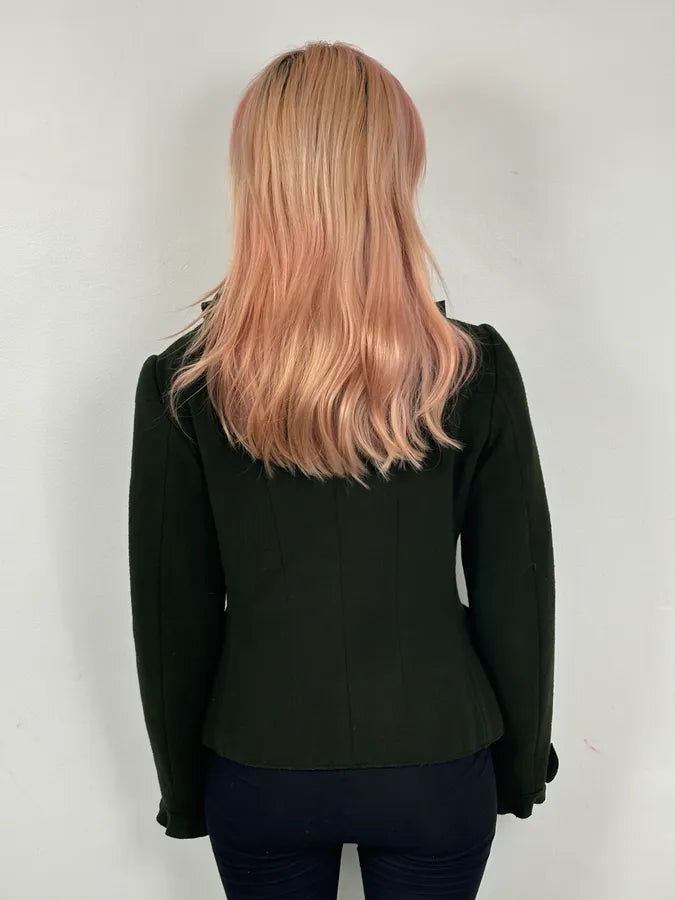 2010s Moschino Olive Wool Ruffled Blazer Jacket WBryhAl 2
