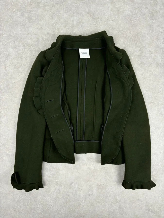 2010s Moschino Olive Wool Ruffled Blazer Jacket WBryhAl 7