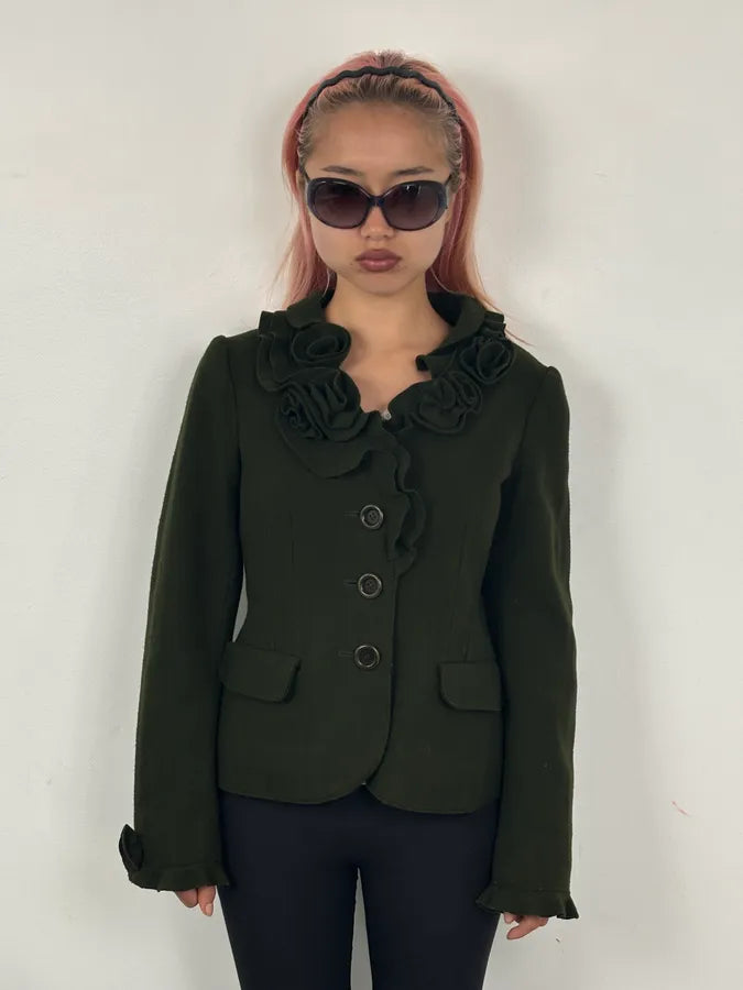 2010s Moschino Olive Wool Ruffled Blazer Jacket WBryhAl 1