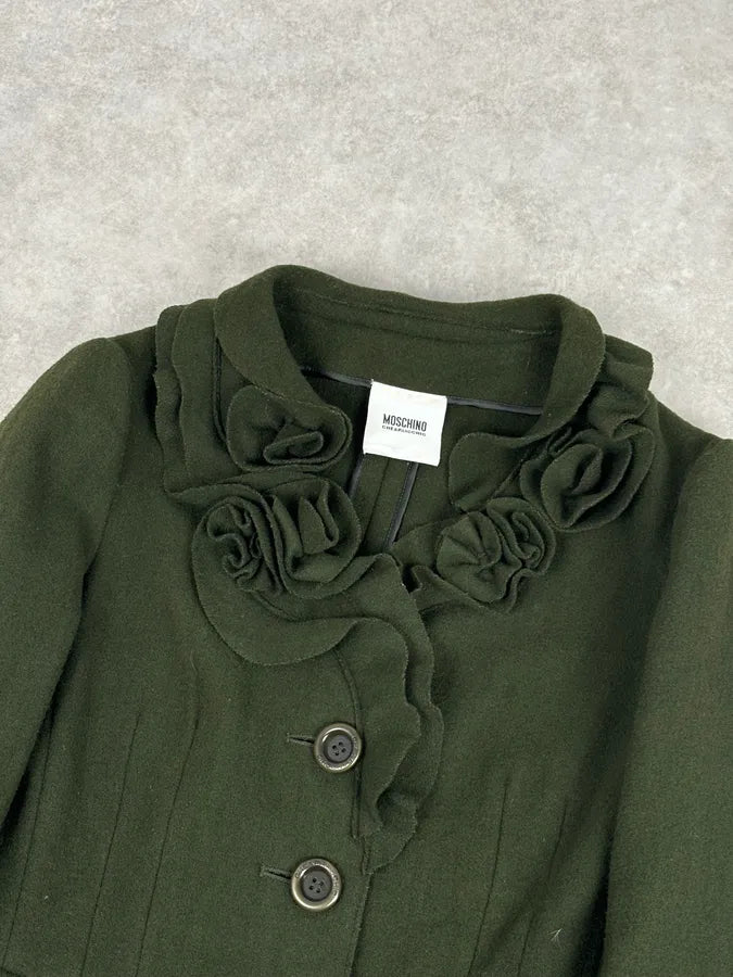 2010s Moschino Olive Wool Ruffled Blazer Jacket WBryhAl 4