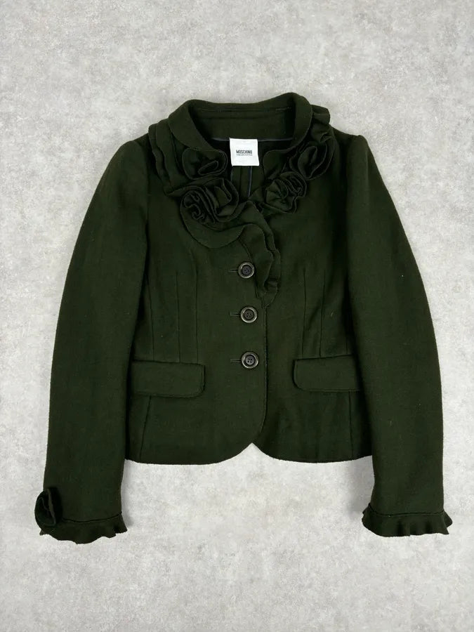 2010s Moschino Olive Wool Ruffled Blazer Jacket WBryhAl 3