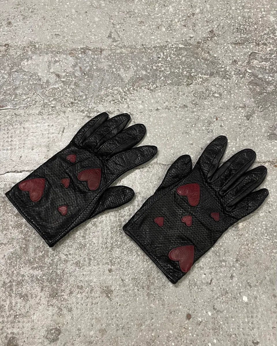 Moschino Red Hearts Black Leather Gloves (OS) 0