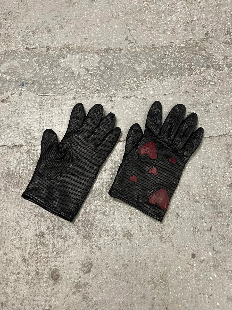 Moschino Red Hearts Black Leather Gloves (OS) 1
