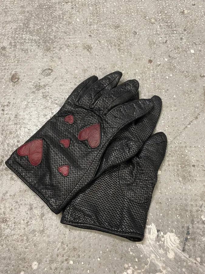 Moschino Red Hearts Black Leather Gloves (OS) 3