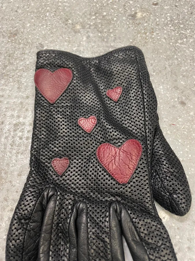 Moschino Red Hearts Black Leather Gloves (OS) 4