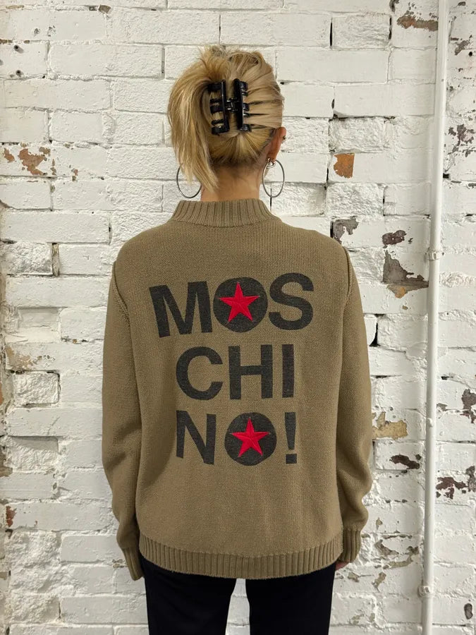 Moschino Red Star Back Logo Asymmetrical Beige Wool Sweater fmKaDCU 2