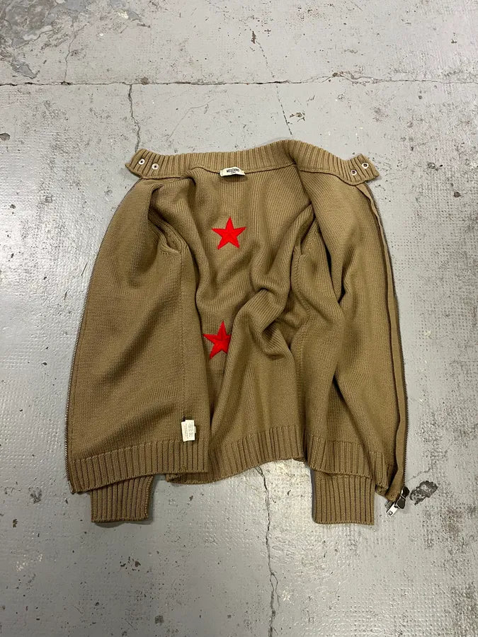 Moschino Red Star Back Logo Asymmetrical Beige Wool Sweater fmKaDCU 7