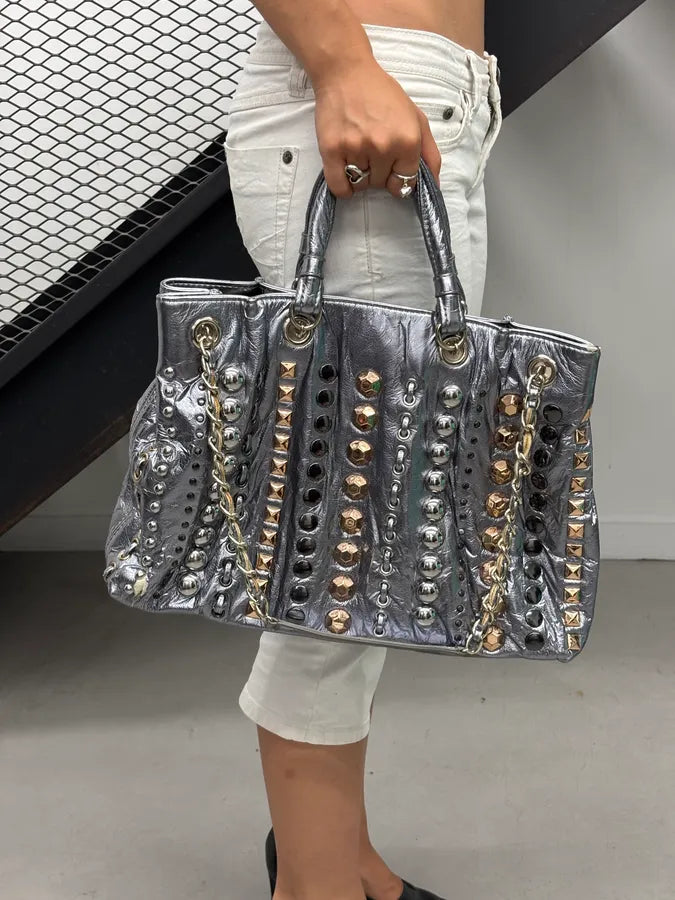 Moschino Silver Leather Studded Handle Bag YpUfvmY 2