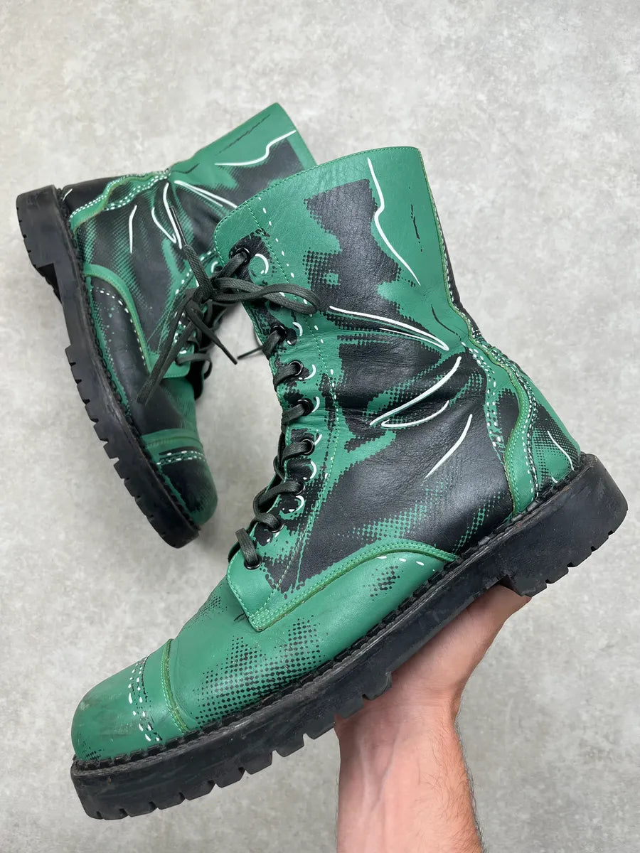Moschino Trompe L’Oeil Green & Black Leather Lace-Up Boots zhXHqug 0