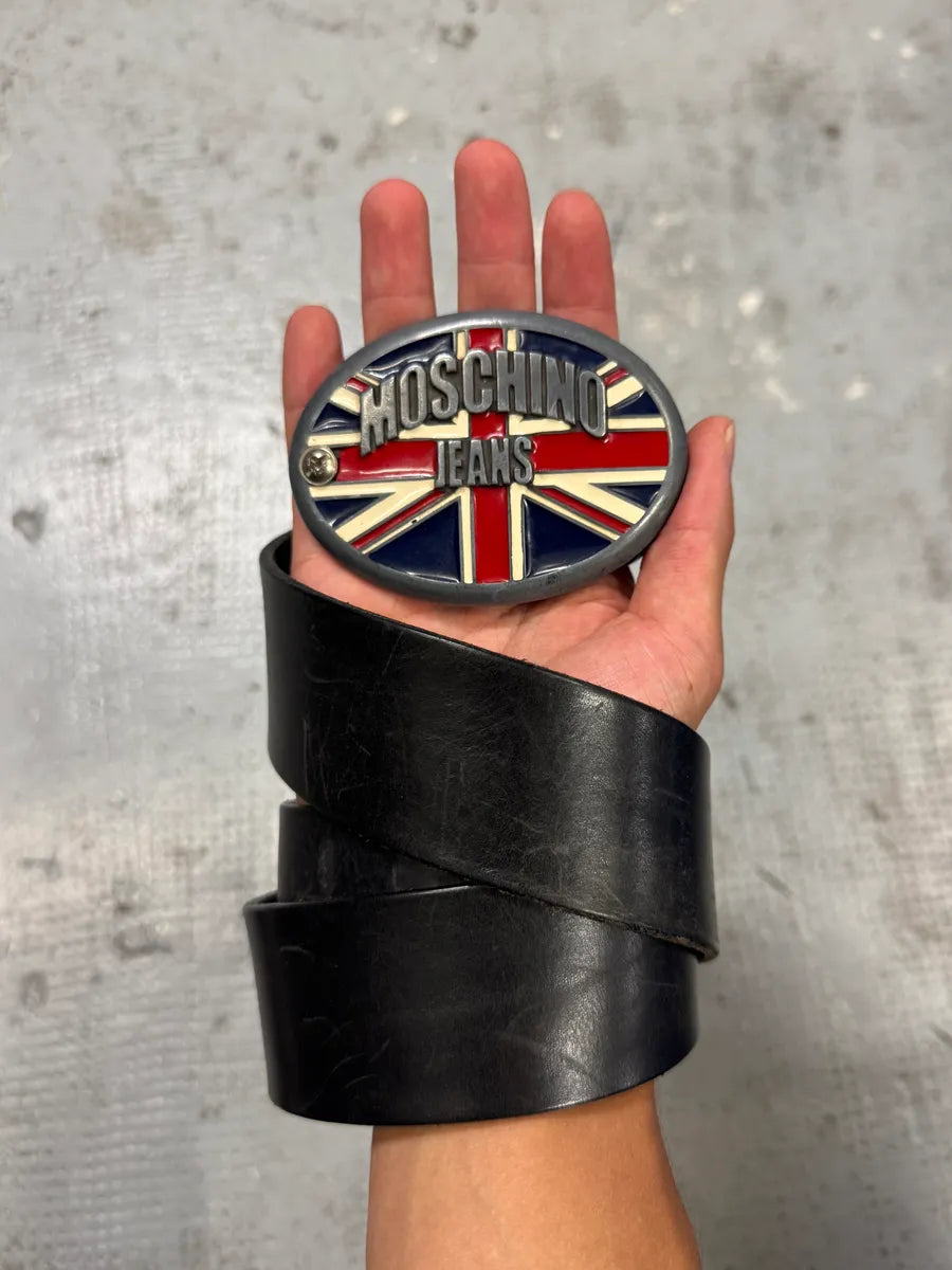 Moschino UK Flag Buckle Black Leather Belt bZrlrzt 0