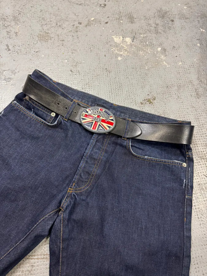Moschino UK Flag Buckle Black Leather Belt bZrlrzt 1