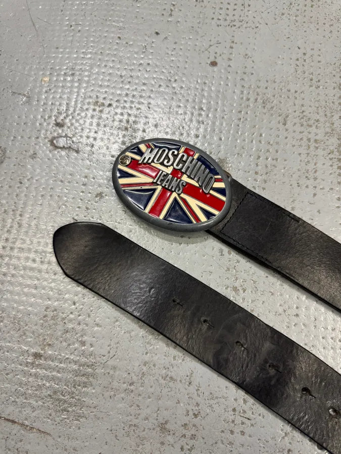 Moschino UK Flag Buckle Black Leather Belt bZrlrzt 4