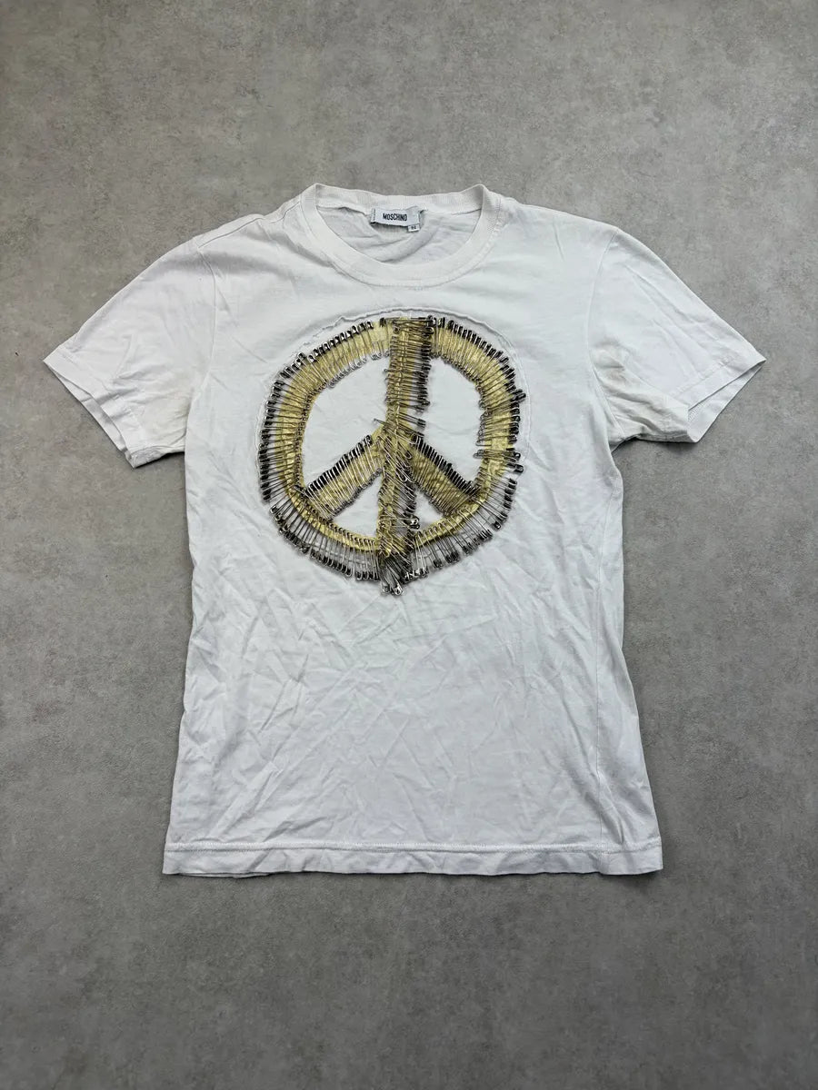 2000s Moschino White Peace Sign Pin Embellished T-Shirt DsTRjIW 0