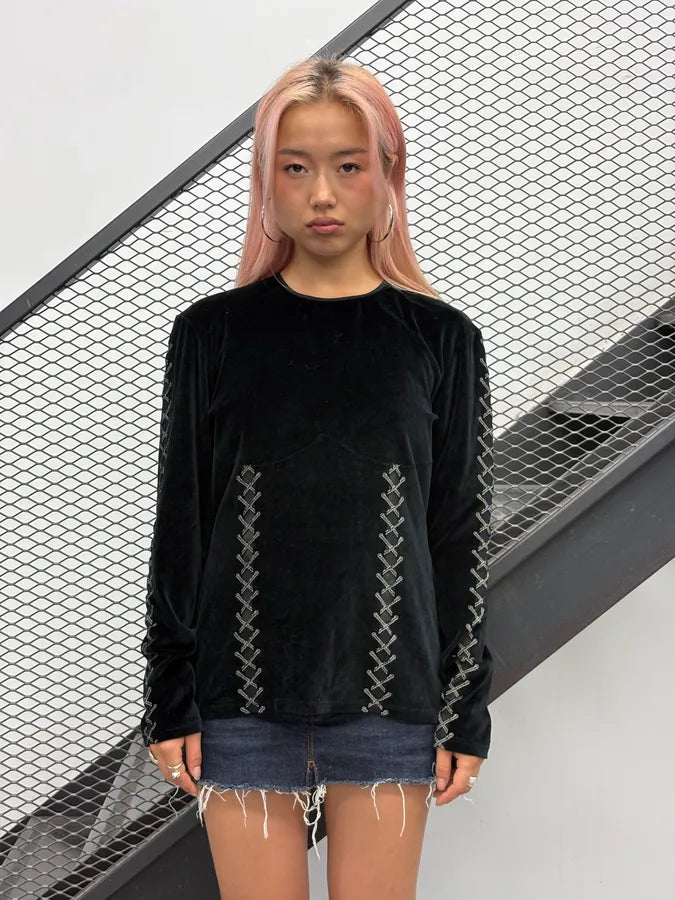 Mugler Black Velvet Corset Trompe L’Oeil Sweater WwRfzeX 0