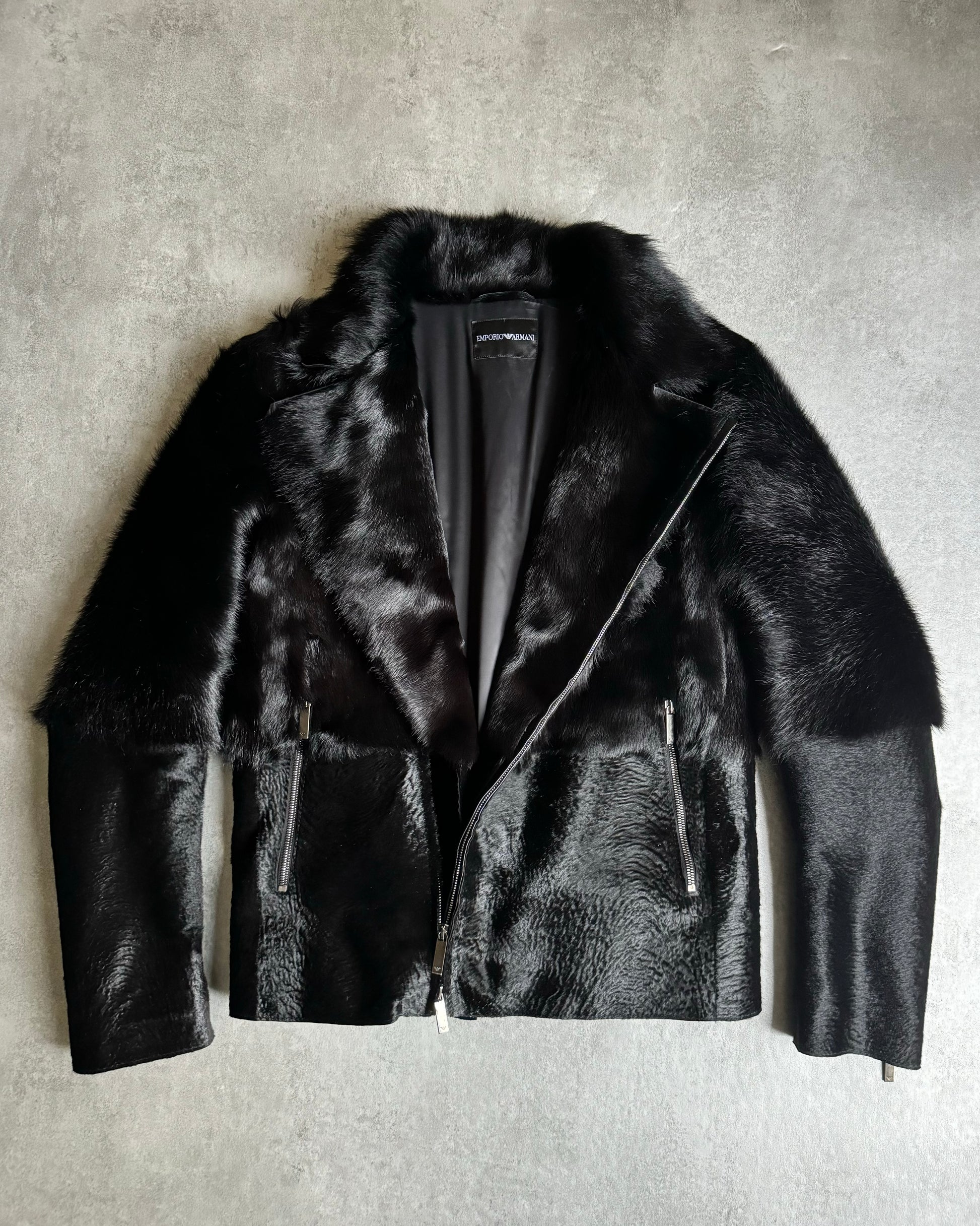 AW2012 Emporio Armani Black Baby Calf Skin Fur Asymmetrical Jacket (M) - 11