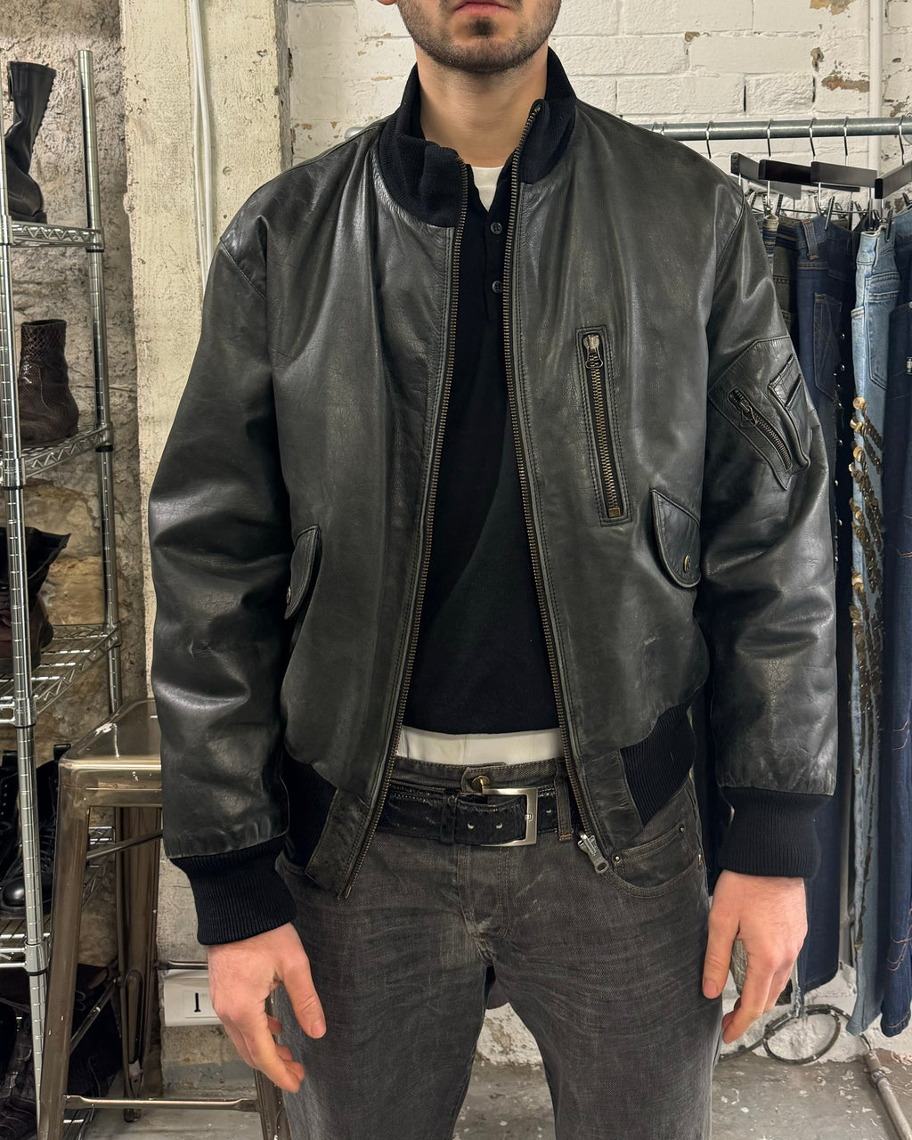 1990s Armani Leather Patina Black Premium Italian Bomber Jacket 1990s Armani Leather Patina Black Premium Italian Bomber Jacket