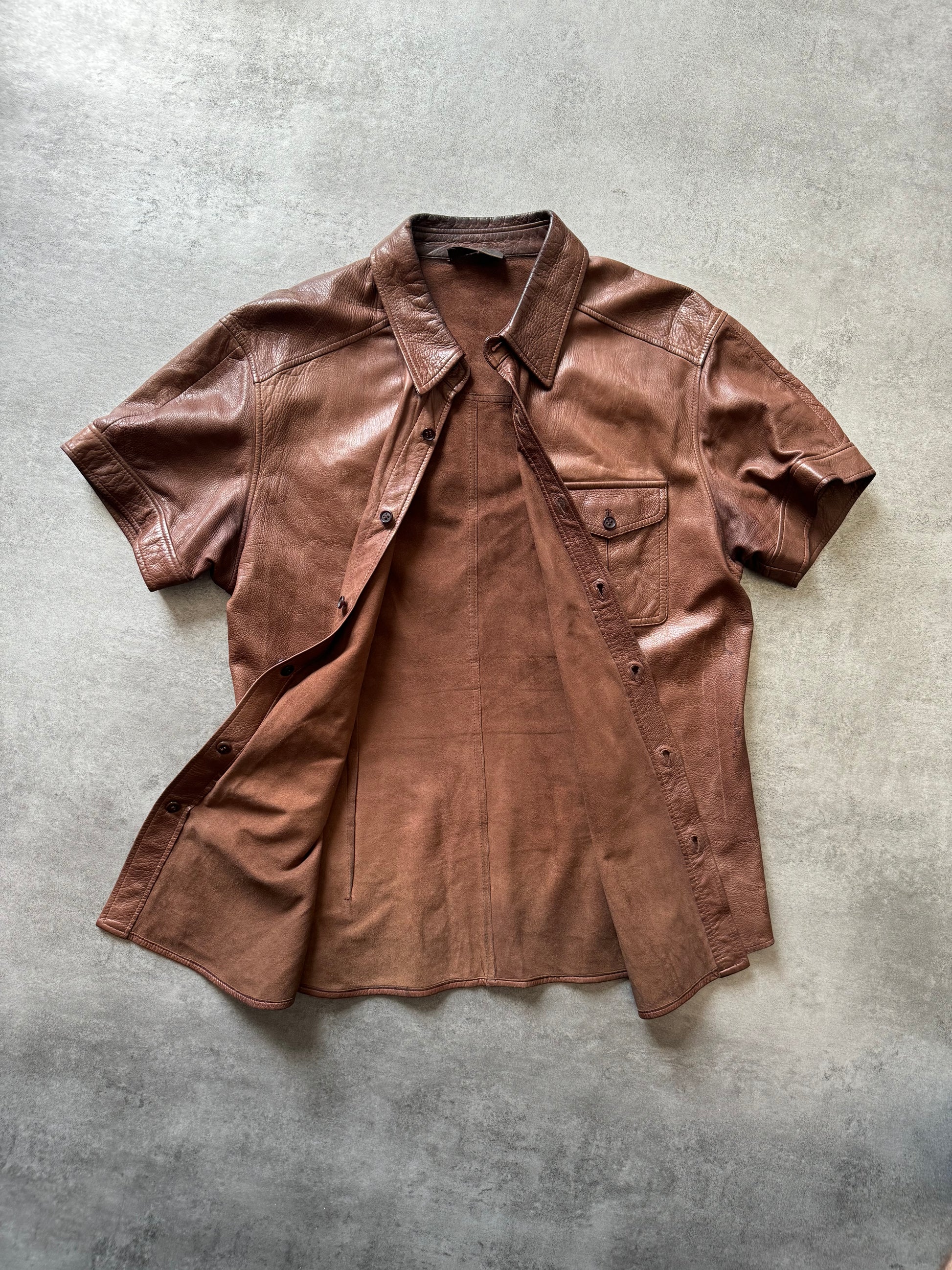 1990s Prada Brown Lamb Leather Short Sleeves Shirt  (M) - 2