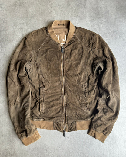 2000s Armani Goat Leather Suede Brown Bomber Jacket (L) - 1