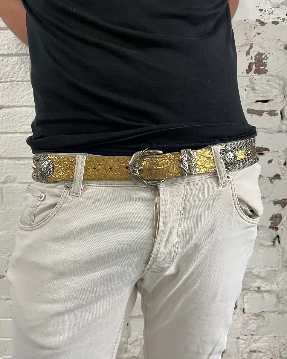 Nanni Gold Yellow Leather Python Effect Studded Belt GJrAwTh 1