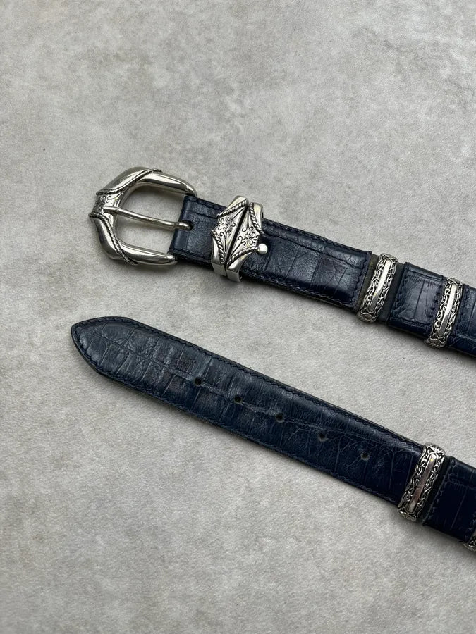 Nanni Navy Leather Crocodile-Embossed Belt IFblcVR 3