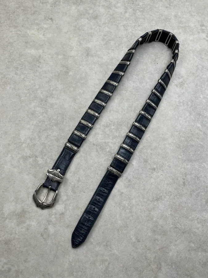 Nanni Navy Leather Crocodile-Embossed Belt IFblcVR 4