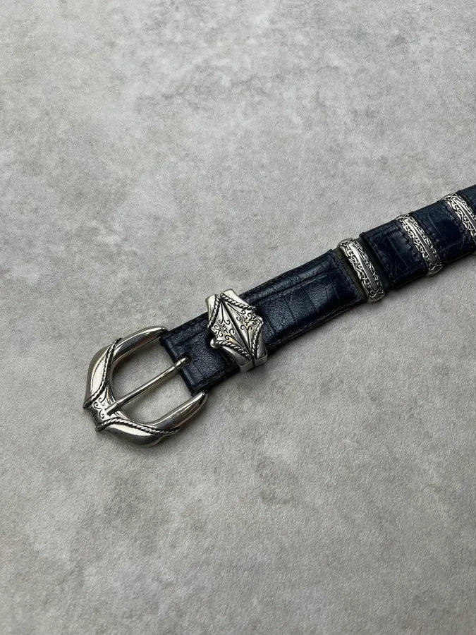 Nanni Navy Leather Crocodile-Embossed Belt IFblcVR 5