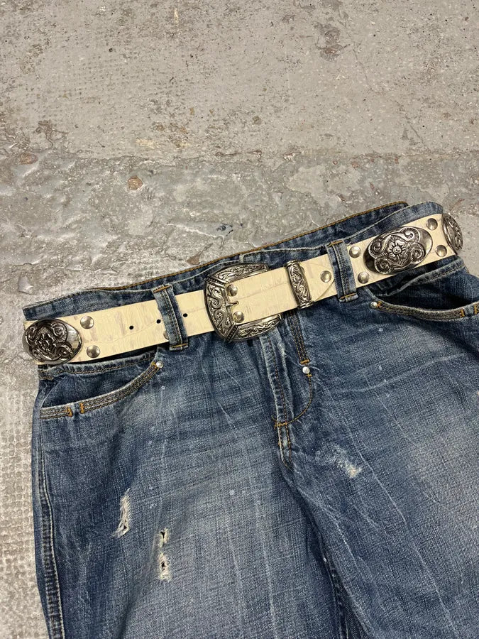 Nanni Studded Crocodile Effect White Leather Belt bKQpeko 0