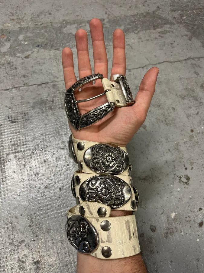 Nanni Studded Crocodile Effect White Leather Belt bKQpeko 1