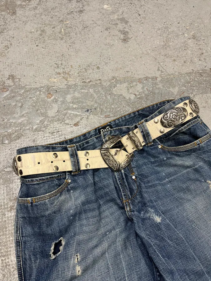 Nanni Studded Crocodile Effect White Leather Belt bKQpeko 2