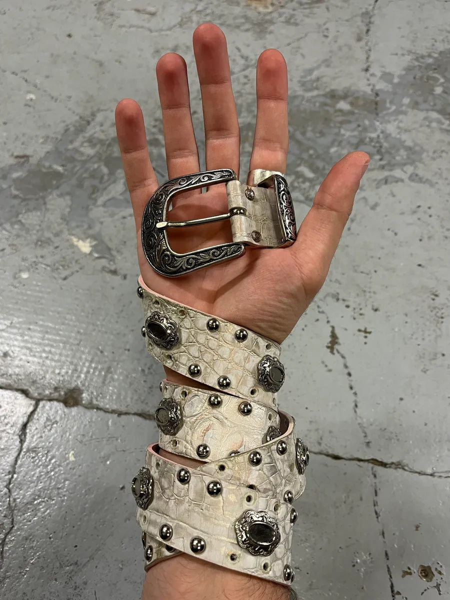 Nanni Studded White Crocodile Effect Leather Belt QIKhOsY 0