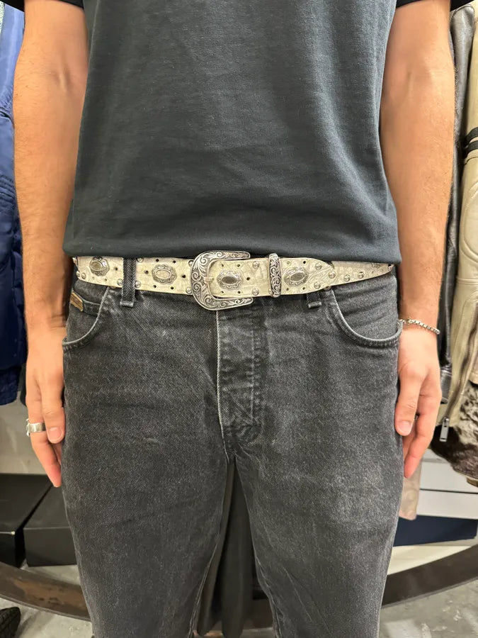 Nanni Studded White Crocodile Effect Leather Belt QIKhOsY 1