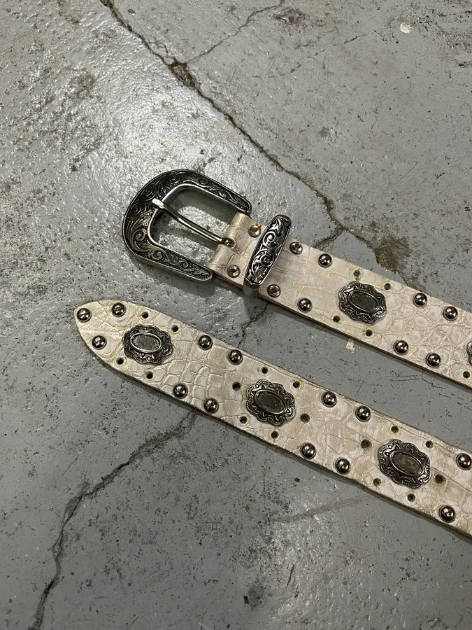 Nanni Studded White Crocodile Effect Leather Belt QIKhOsY 3