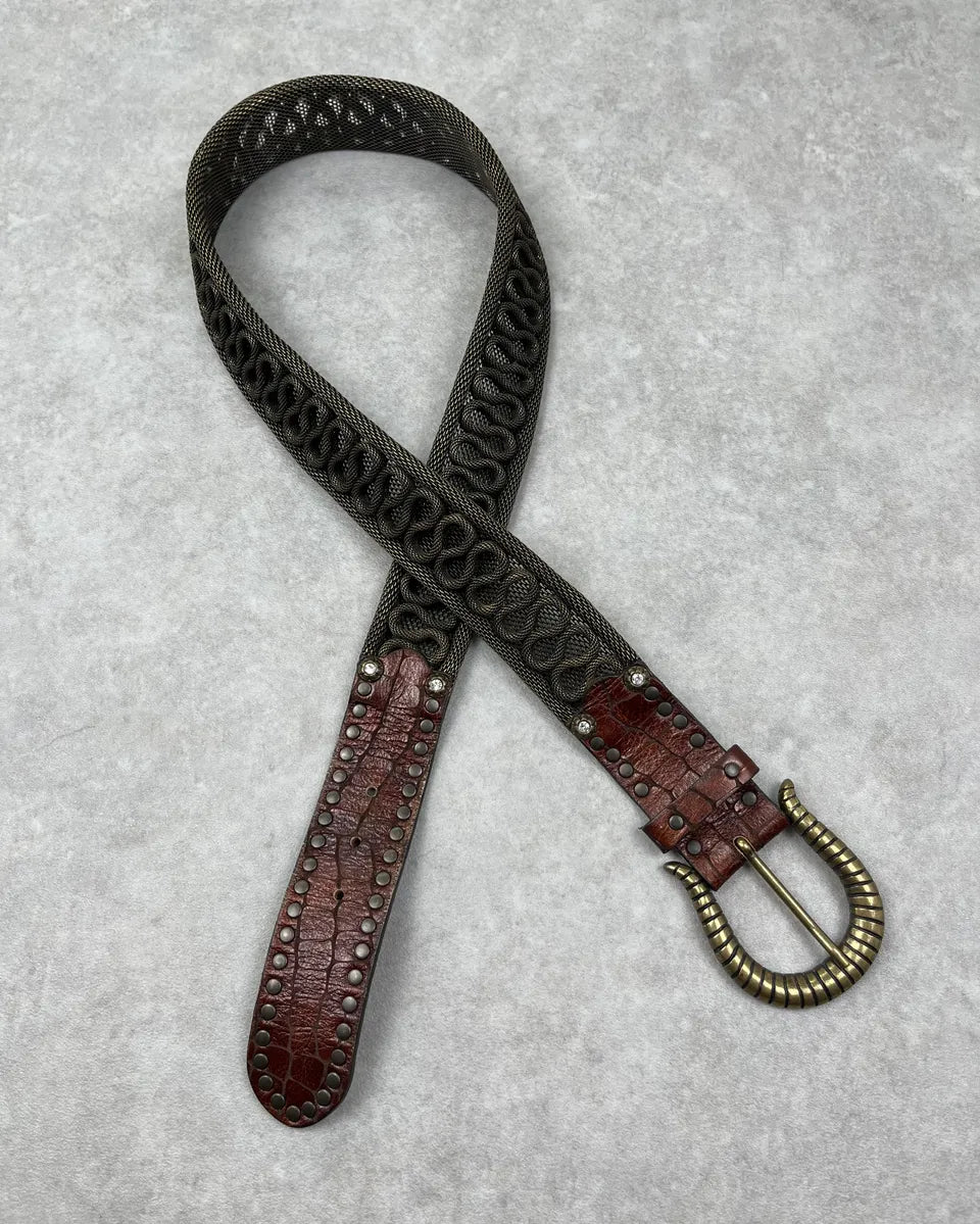 Nanni Woven Metal Embellishment Brown Leather Belt toIBQTe 0