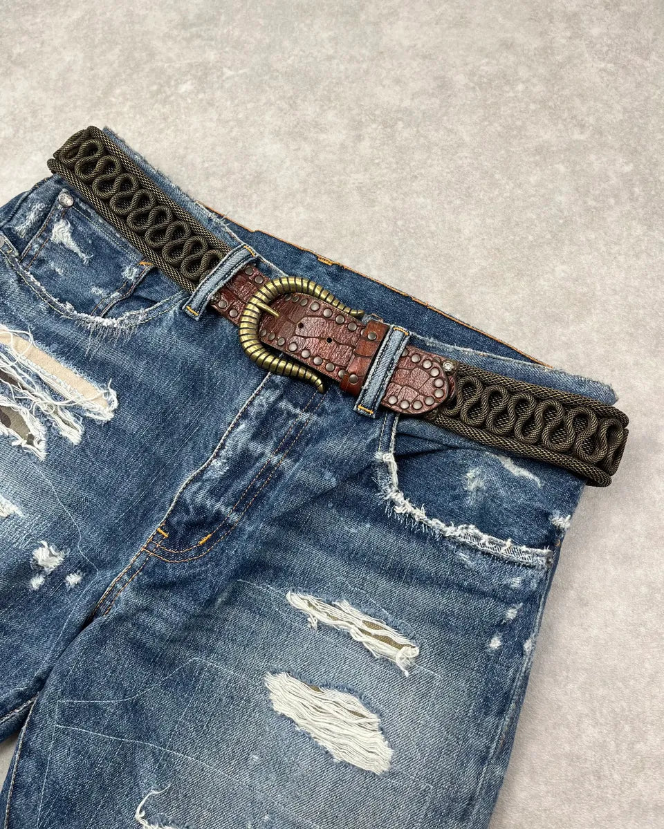 Nanni Woven Metal Embellishment Brown Leather Belt toIBQTe 1