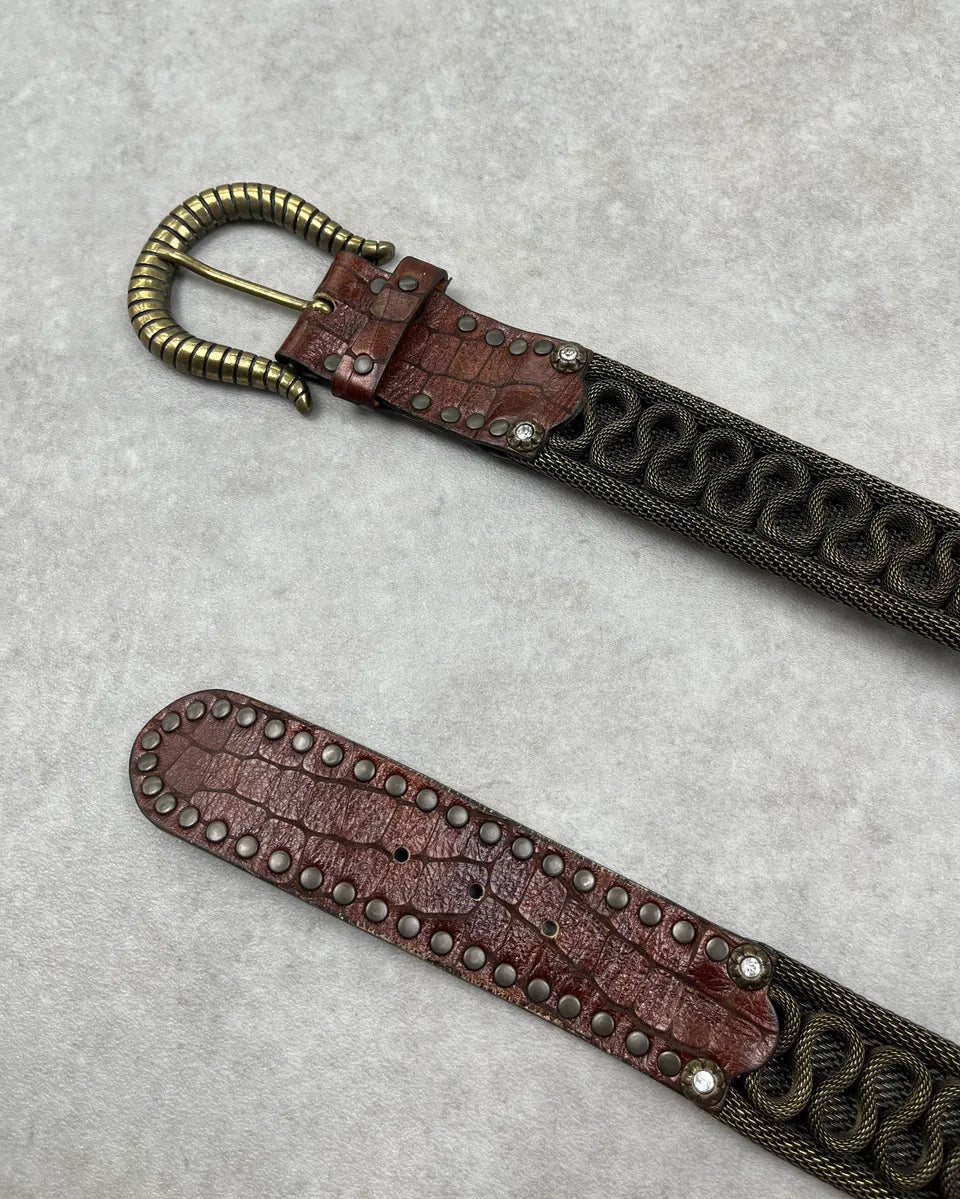 Nanni Woven Metal Embellishment Brown Leather Belt toIBQTe 3