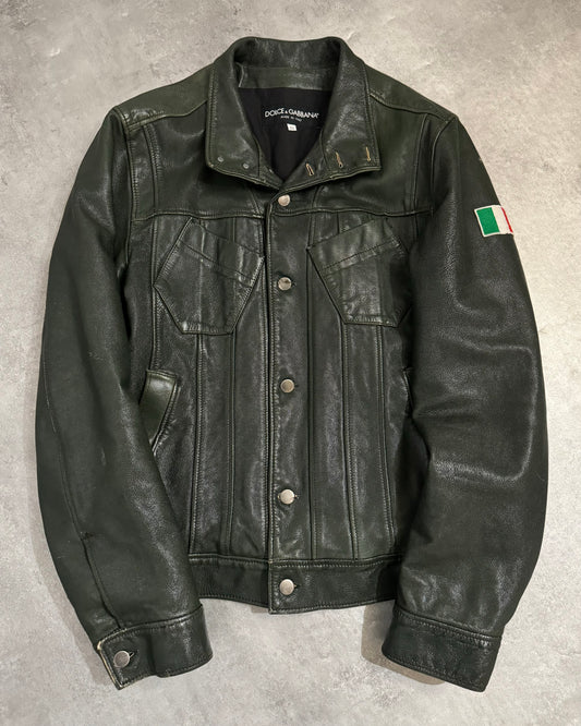 2000s Dolce & Gabbana Italian Deep Green Biker Leather Jacket (L) - 1