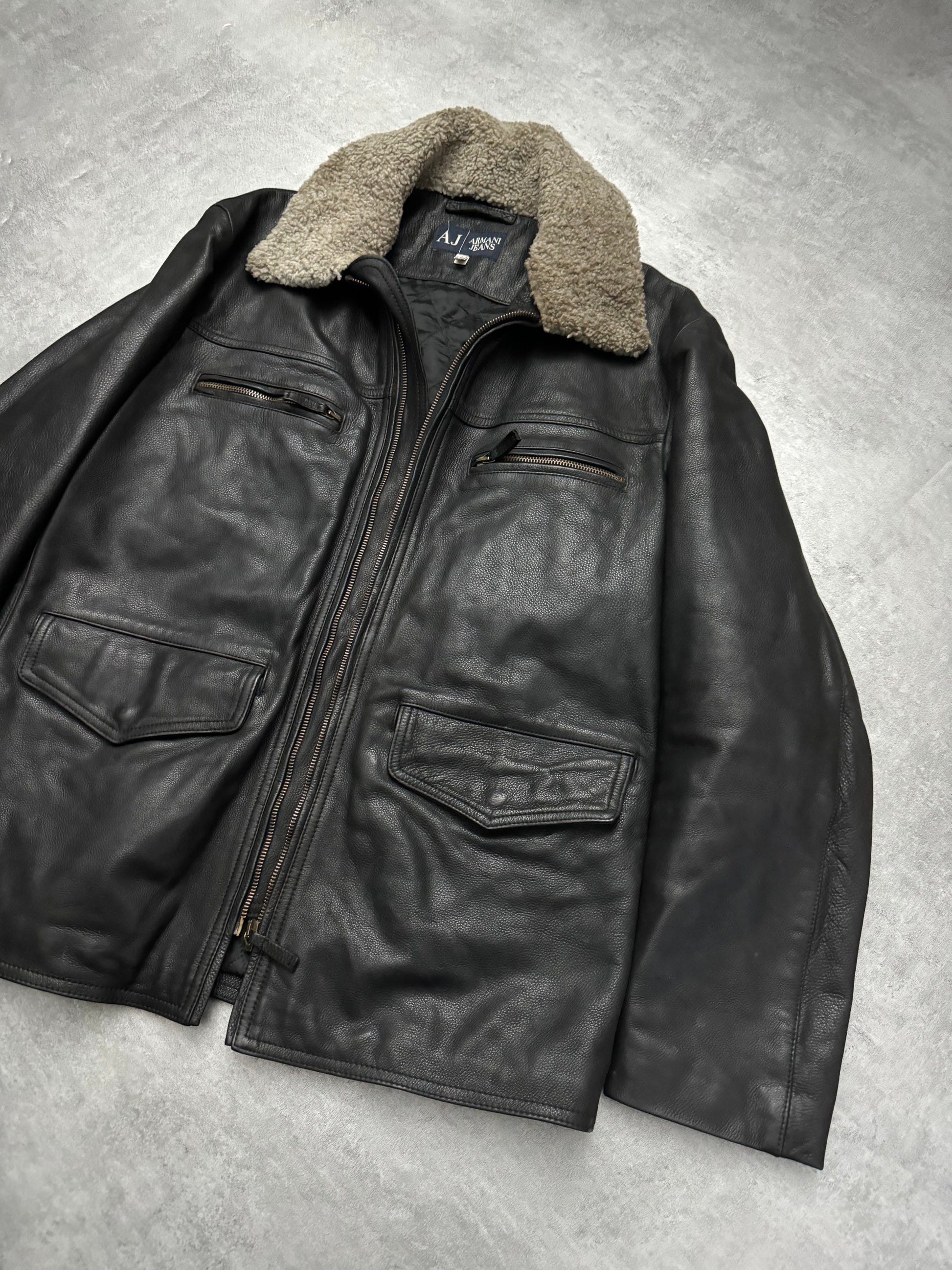 2000s Armani Black Shearling Biker Minimalist Leather Jacket (M) - 3