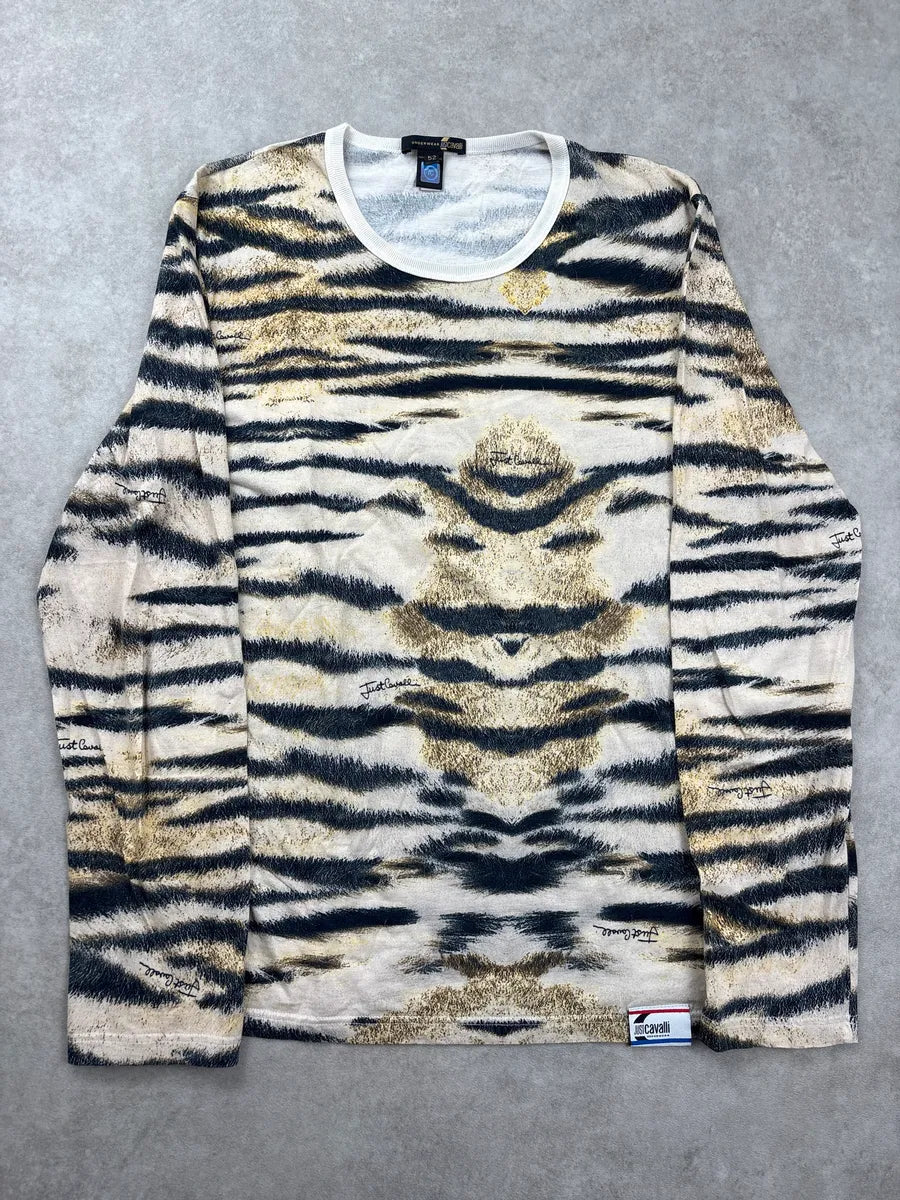 2000s Cavalli Beige Tiger Stripe Longsleeve T-Shirt noRXefDj 2