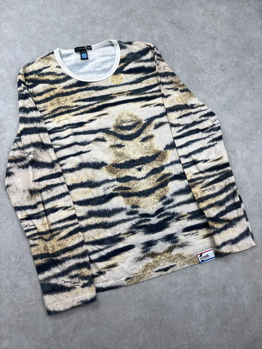 2000s Cavalli Beige Tiger Stripe Longsleeve T-Shirt noRXefDj 3