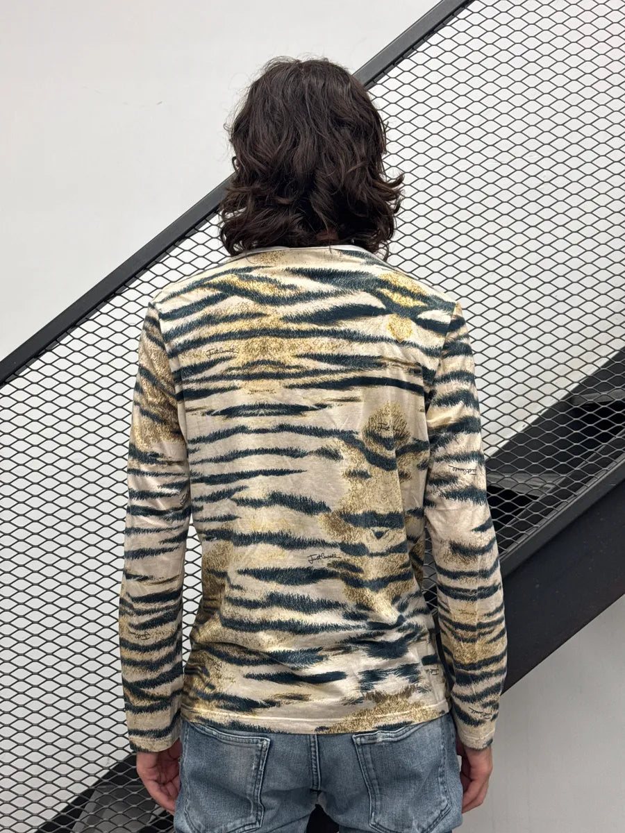 2000s Cavalli Beige Tiger Stripe Longsleeve T-Shirt noRXefDj 1