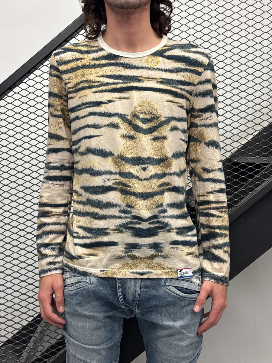 2000s Cavalli Beige Tiger Stripe Longsleeve T-Shirt noRXefDj 0